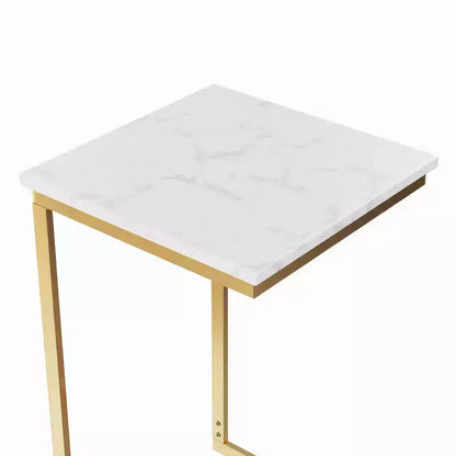 Lavish Home C-Shaped End Table - Real Marble Side Table with Gold Iron Frame for Couch, Loveseat or Bed - Modern Living Room Furniture, White