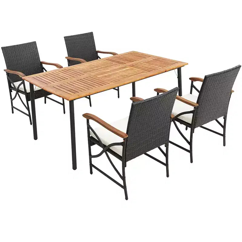 Costway 5PCS Patio Wicker Dining Set Cushion Armchairs Acacia Wood Table with Umbrella Hole