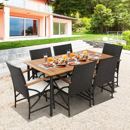 Costway 5PCS Patio Wicker Dining Set Cushion Armchairs Acacia Wood Table with Umbrella Hole