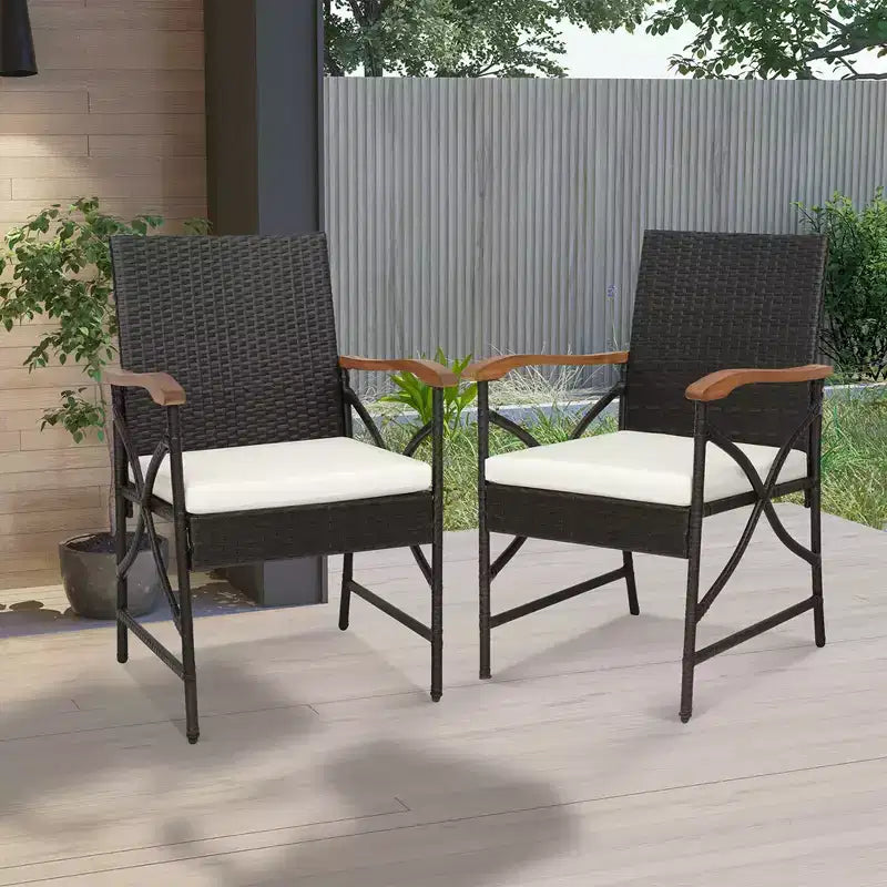 Costway 5PCS Patio Wicker Dining Set Cushion Armchairs Acacia Wood Table with Umbrella Hole