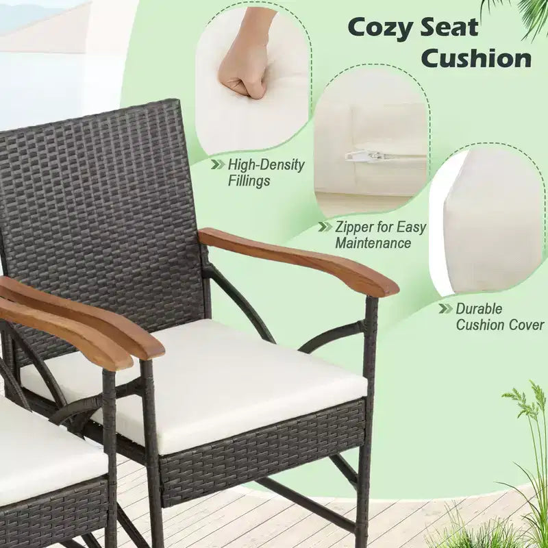 Costway 5PCS Patio Wicker Dining Set Cushion Armchairs Acacia Wood Table with Umbrella Hole