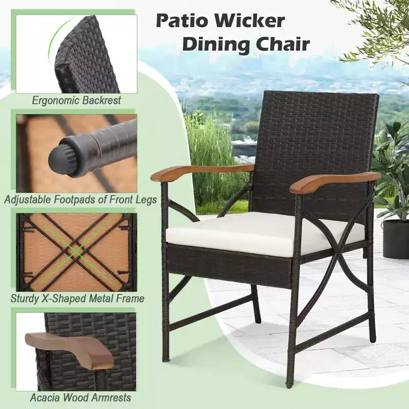 Costway 5PCS Patio Wicker Dining Set Cushion Armchairs Acacia Wood Table with Umbrella Hole
