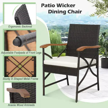 Costway 5PCS Patio Wicker Dining Set Cushion Armchairs Acacia Wood Table with Umbrella Hole
