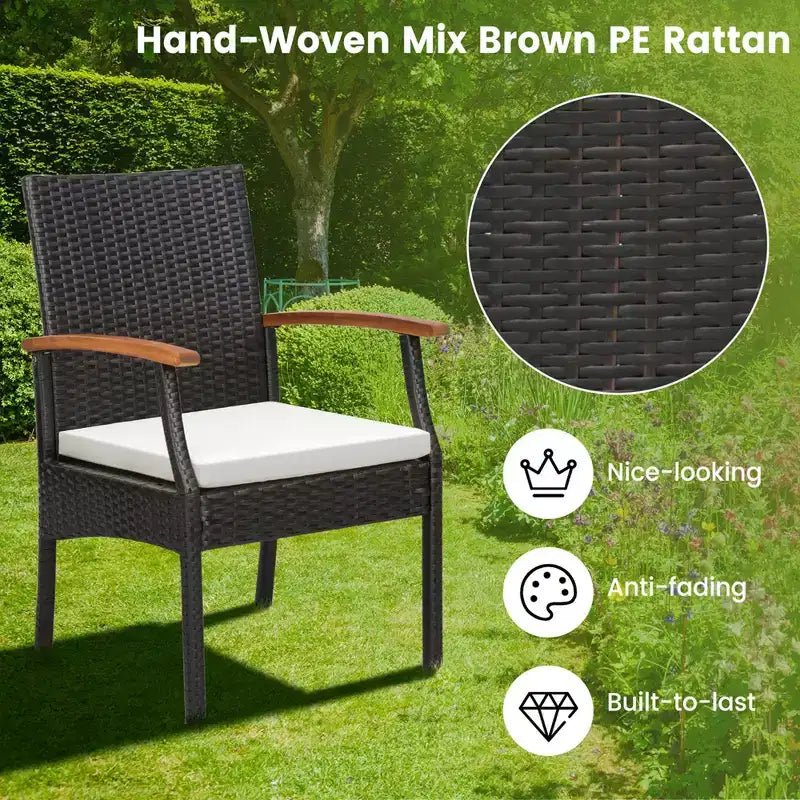 Costway 5PCS Patio Wicker Dining Set Cushion Acacia Wood Armchairs Table with Umbrella Hole