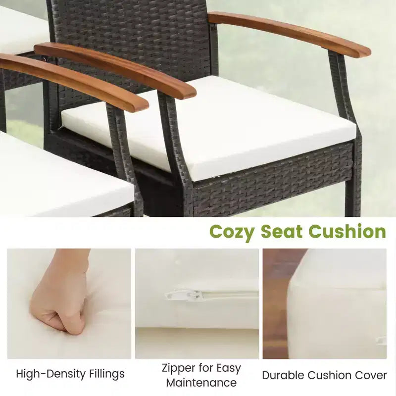 Costway 5PCS Patio Wicker Dining Set Cushion Acacia Wood Armchairs Table with Umbrella Hole