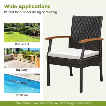 Costway 5PCS Patio Wicker Dining Set Cushion Acacia Wood Armchairs Table with Umbrella Hole