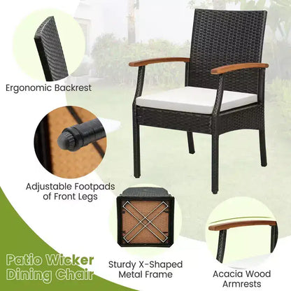 Costway 5PCS Patio Wicker Dining Set Cushion Acacia Wood Armchairs Table with Umbrella Hole