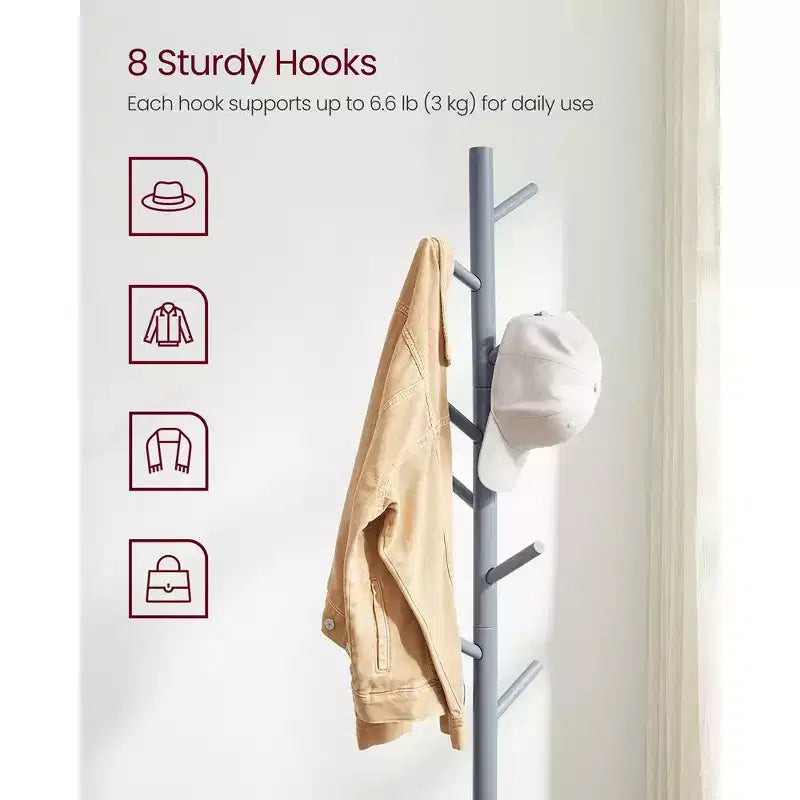 VASAGLE 8 Hooks Solid Wood Coat Rack Free Standing Coat Rack Tree-Shaped Coat Rack