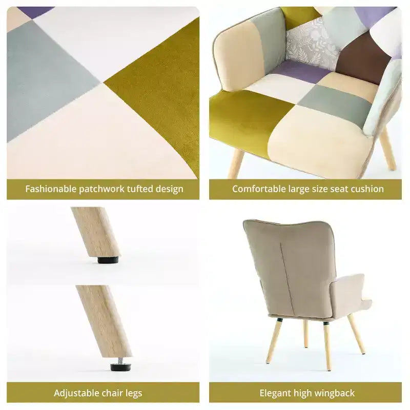 Poltrona Wingback FERPIT Patchwork con Rivestimento in Tessuto e Gambe in Legno di Gomma