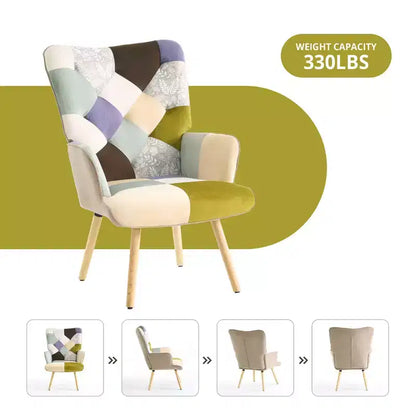 Poltrona Wingback FERPIT Patchwork con Rivestimento in Tessuto e Gambe in Legno di Gomma