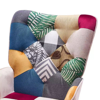 Poltrona Wingback FERPIT Patchwork con Rivestimento in Tessuto e Gambe in Legno di Gomma