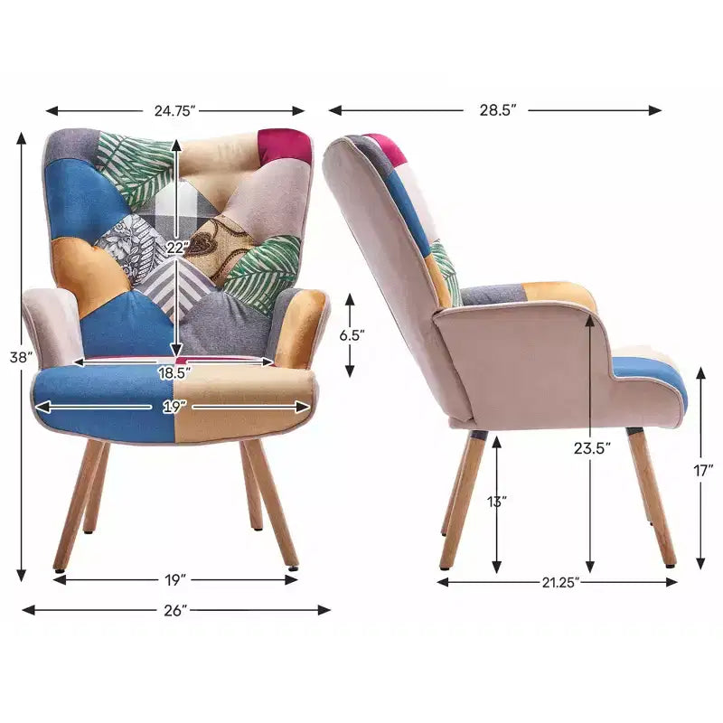 Poltrona Wingback FERPIT Patchwork con Rivestimento in Tessuto e Gambe in Legno di Gomma