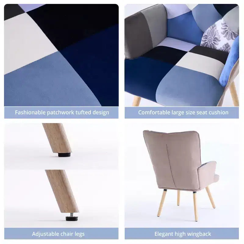 Poltrona Wingback FERPIT Patchwork con Rivestimento in Tessuto e Gambe in Legno di Gomma