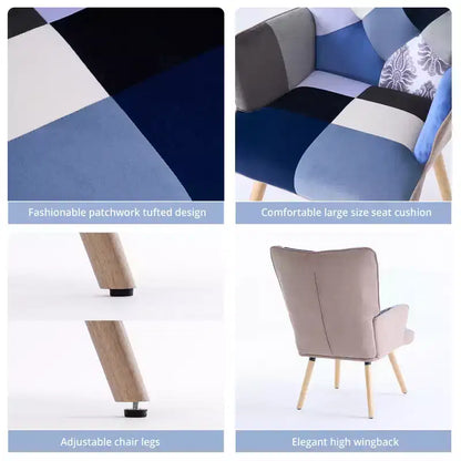 Poltrona Wingback FERPIT Patchwork con Rivestimento in Tessuto e Gambe in Legno di Gomma