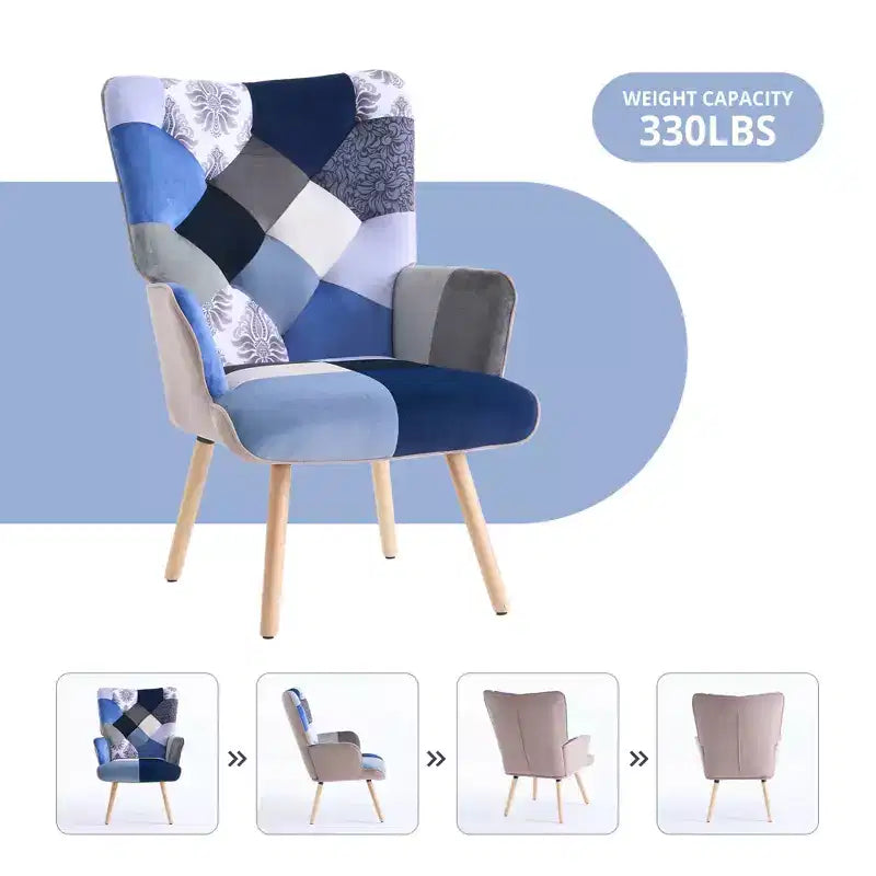 Poltrona Wingback FERPIT Patchwork con Rivestimento in Tessuto e Gambe in Legno di Gomma