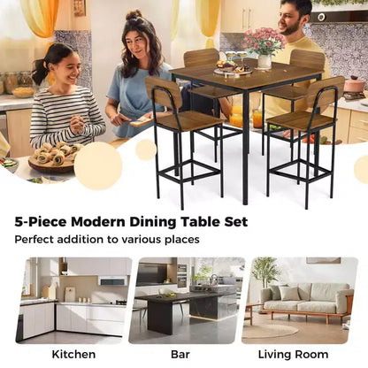 Costway 5-Piece Industrial Dining Table Set with Counter Height Table & 4 Bar Stools Black/Grey/Walnut