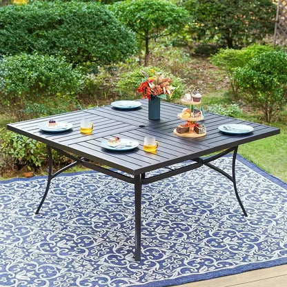 Captiva Designs set da pranzo da esterno, 9 pezzi, tavolo quadrato spazioso con piano a doghe in metallo e foro per ombrellone e 8 sedie reclinabili pieghevoli