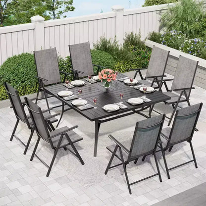 Captiva Designs set da pranzo da esterno, 9 pezzi, tavolo quadrato spazioso con piano a doghe in metallo e foro per ombrellone e 8 sedie reclinabili pieghevoli