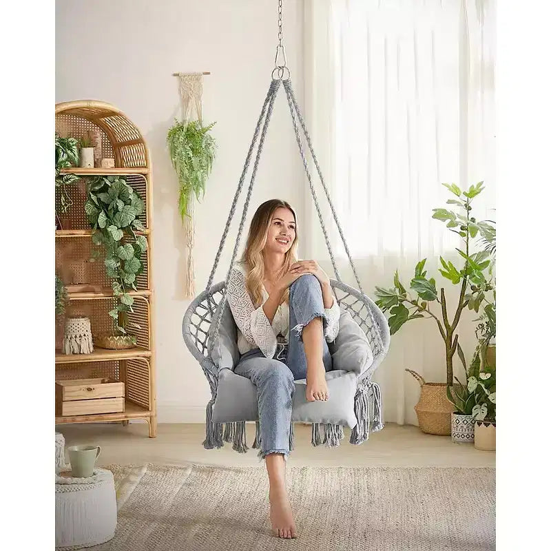 SONGMICS Sedia Sospesa, Sedia Amaca con Cuscino Grande e Spesso, Sedia a Dondolo Boho