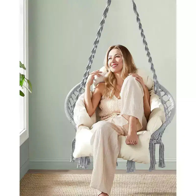 SONGMICS Sedia Sospesa, Sedia Amaca con Cuscino Grande e Spesso, Sedia a Dondolo Boho