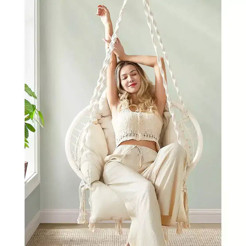 SONGMICS Sedia Sospesa, Sedia Amaca con Cuscino Grande e Spesso, Sedia a Dondolo Boho