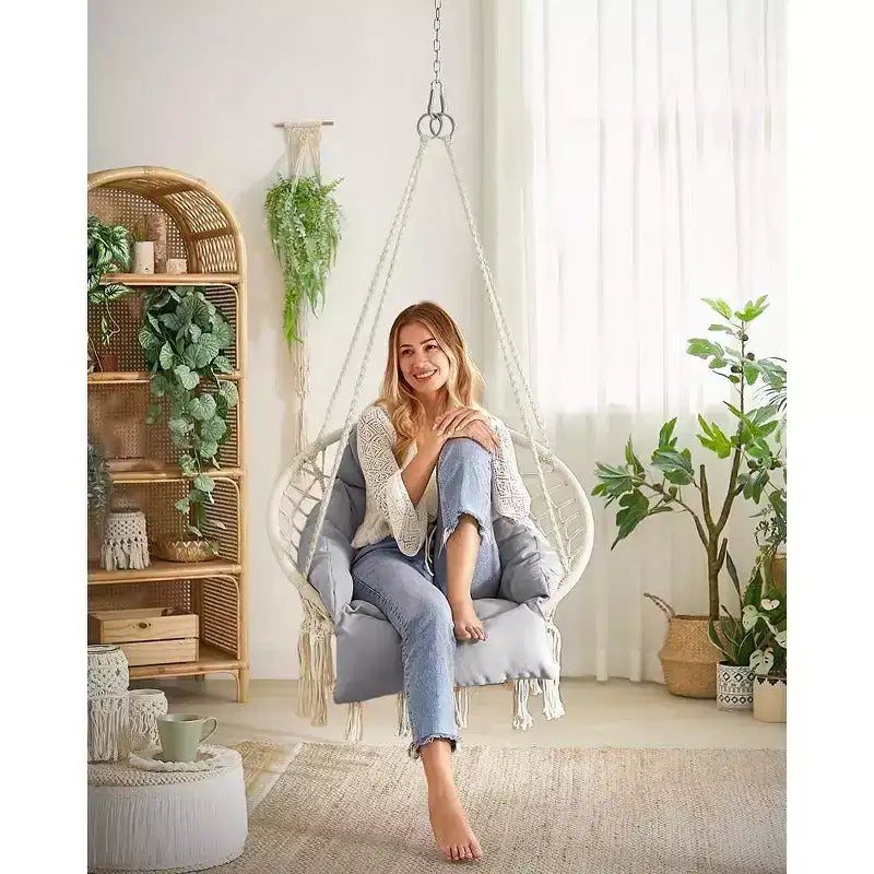 SONGMICS Sedia Sospesa, Sedia Amaca con Cuscino Grande e Spesso, Sedia a Dondolo Boho