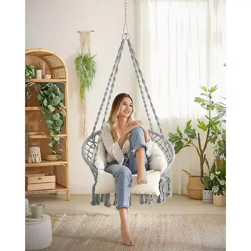 SONGMICS Sedia Sospesa, Sedia Amaca con Cuscino Grande e Spesso, Sedia a Dondolo Boho