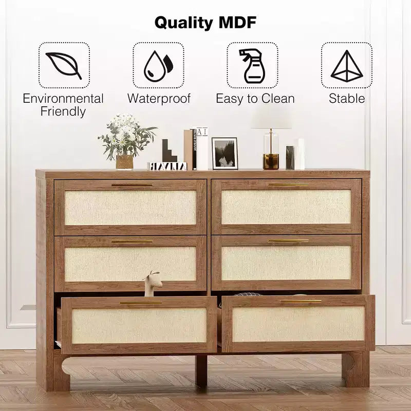 Garvee Dresser for Bedroom with 6 Drawers, Burlap Design Wood Drawer Dresser Chest of Drawers for Closet, Living Room, Hallway, Nursery, Kids Bedroom