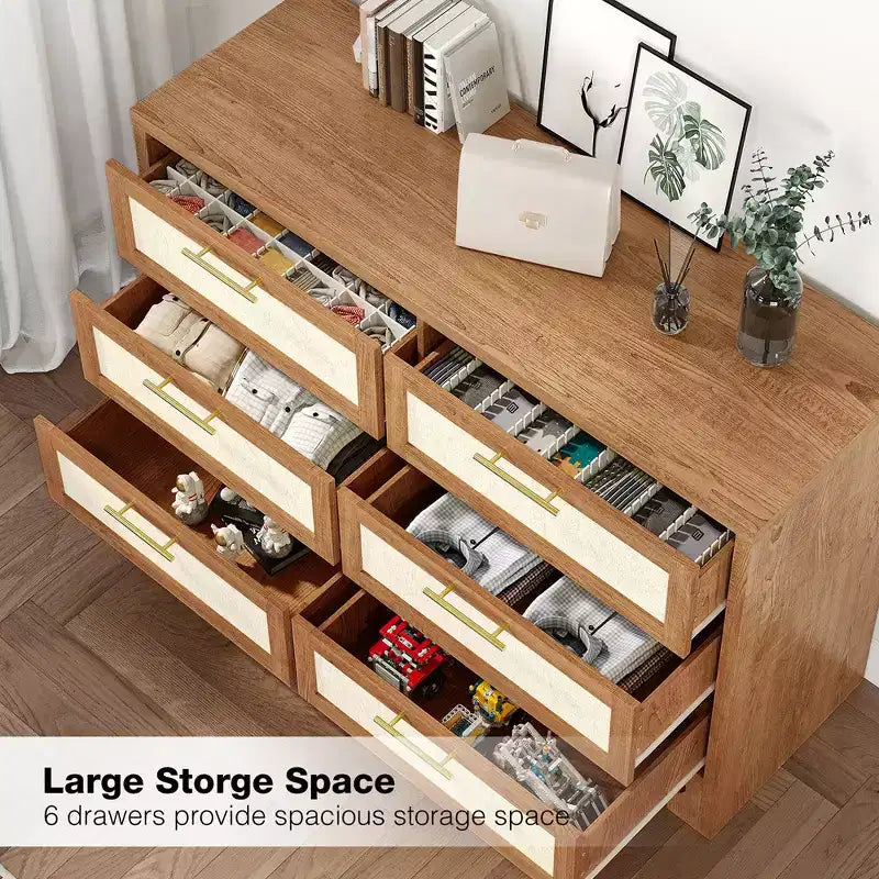 Garvee Dresser for Bedroom with 6 Drawers, Burlap Design Wood Drawer Dresser Chest of Drawers for Closet, Living Room, Hallway, Nursery, Kids Bedroom
