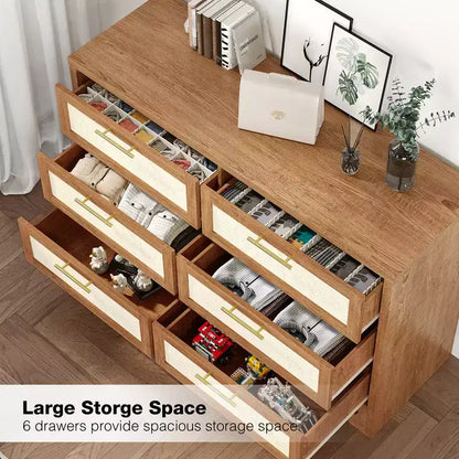 Garvee Dresser for Bedroom with 6 Drawers, Burlap Design Wood Drawer Dresser Chest of Drawers for Closet, Living Room, Hallway, Nursery, Kids Bedroom