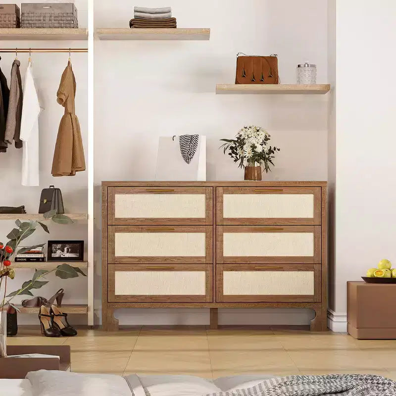 Garvee Dresser for Bedroom with 6 Drawers, Burlap Design Wood Drawer Dresser Chest of Drawers for Closet, Living Room, Hallway, Nursery, Kids Bedroom