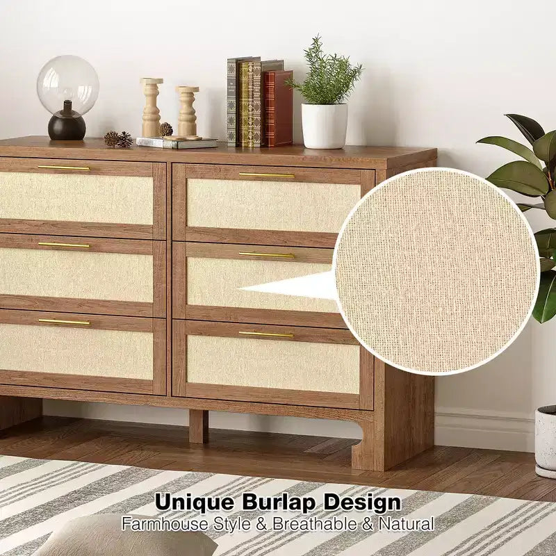 Garvee Dresser for Bedroom with 6 Drawers, Burlap Design Wood Drawer Dresser Chest of Drawers for Closet, Living Room, Hallway, Nursery, Kids Bedroom