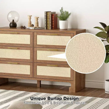Garvee Dresser for Bedroom with 6 Drawers, Burlap Design Wood Drawer Dresser Chest of Drawers for Closet, Living Room, Hallway, Nursery, Kids Bedroom