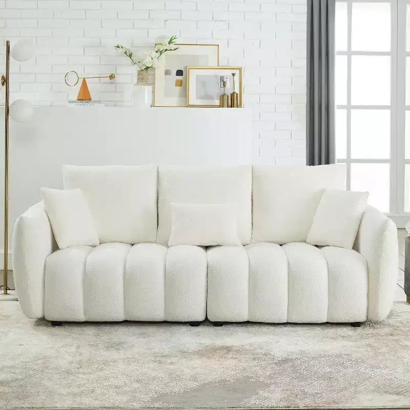 3-seater Upholstered Sofa Couch, Teddy Fabric Sofa with 3 Back Pillows 4M -ModernLuxe
