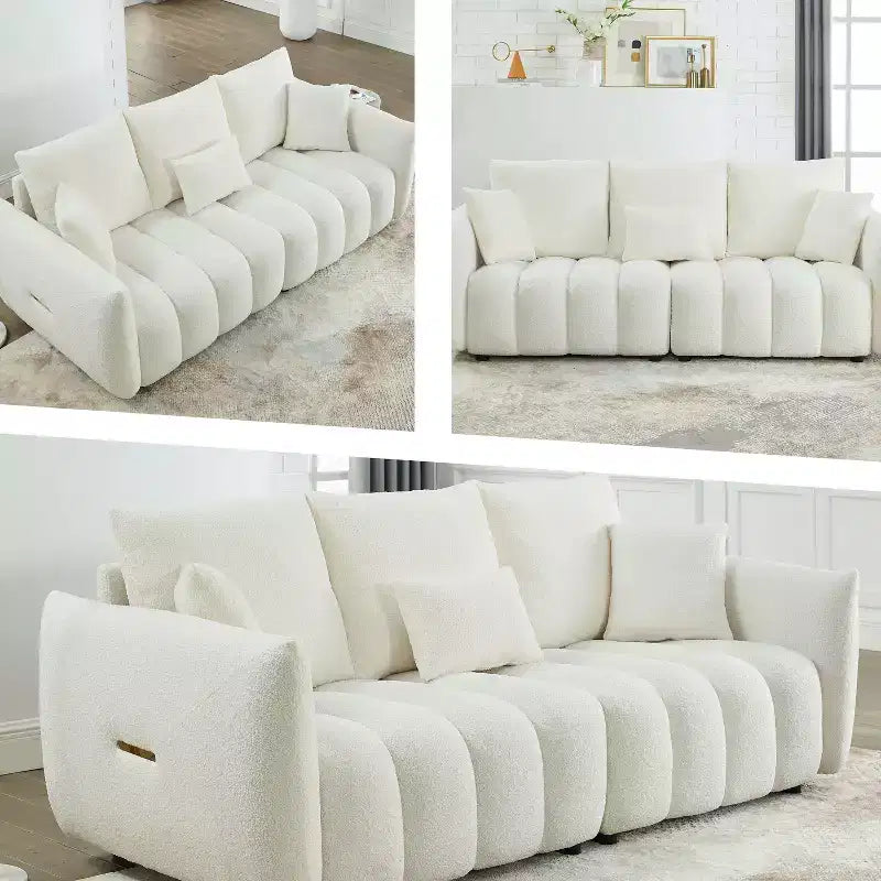 3-seater Upholstered Sofa Couch, Teddy Fabric Sofa with 3 Back Pillows 4M -ModernLuxe