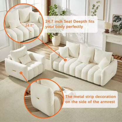 3-seater Upholstered Sofa Couch, Teddy Fabric Sofa with 3 Back Pillows 4M -ModernLuxe