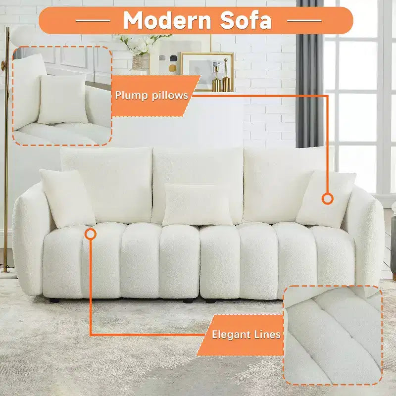 3-seater Upholstered Sofa Couch, Teddy Fabric Sofa with 3 Back Pillows 4M -ModernLuxe