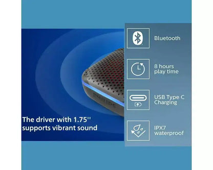 PHILIPS Waterproof Bluetooth Speaker , 10H Playtime, Multi-Color LED Lights, Portable Party Speaker