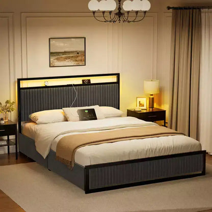Hausource Letto Imbottito con 2 Cassetti Contenitore, Testiera a LED, Porte USB, Grigio Scuro