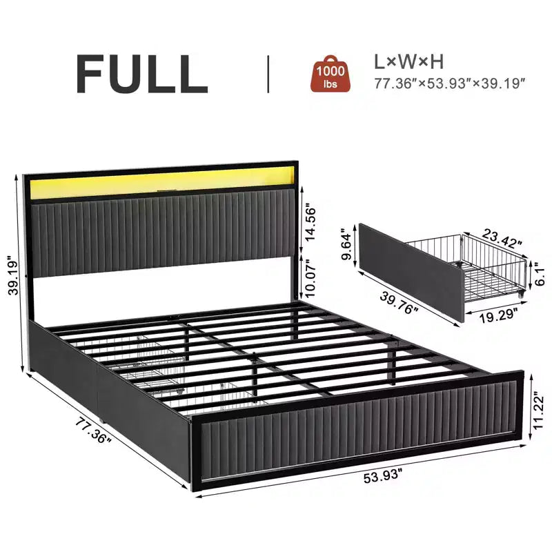 Hausource Letto Imbottito con 2 Cassetti Contenitore, Testiera a LED, Porte USB, Grigio Scuro