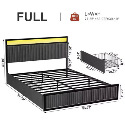 Hausource Letto Imbottito con 2 Cassetti Contenitore, Testiera a LED, Porte USB, Grigio Scuro