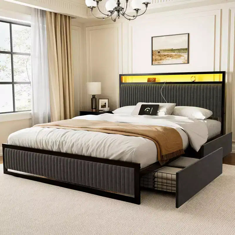 Hausource Letto Imbottito con 2 Cassetti Contenitore, Testiera a LED, Porte USB, Grigio Scuro