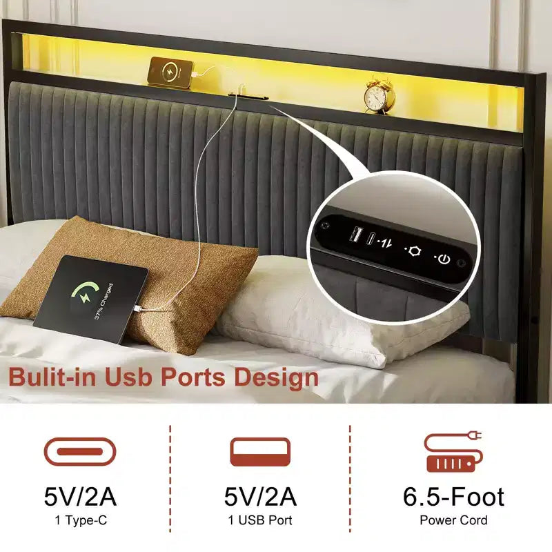 Hausource Letto Imbottito con 2 Cassetti Contenitore, Testiera a LED, Porte USB, Grigio Scuro