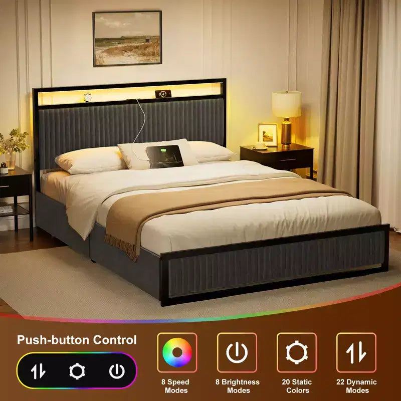 Hausource Letto Imbottito con 2 Cassetti Contenitore, Testiera a LED, Porte USB, Grigio Scuro