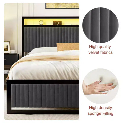 Hausource Letto Imbottito con 2 Cassetti Contenitore, Testiera a LED, Porte USB, Grigio Scuro