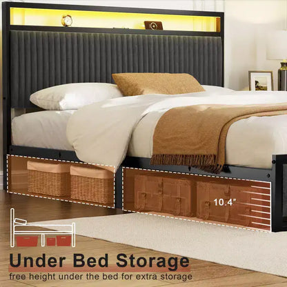 Hausource Letto Imbottito con 2 Cassetti Contenitore, Testiera a LED, Porte USB, Grigio Scuro