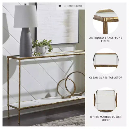 Signature Design by Ashley Ryandale, Tavolo console da divano, Finitura in ottone anticato con ripiano in vetro e ripiano in marmo