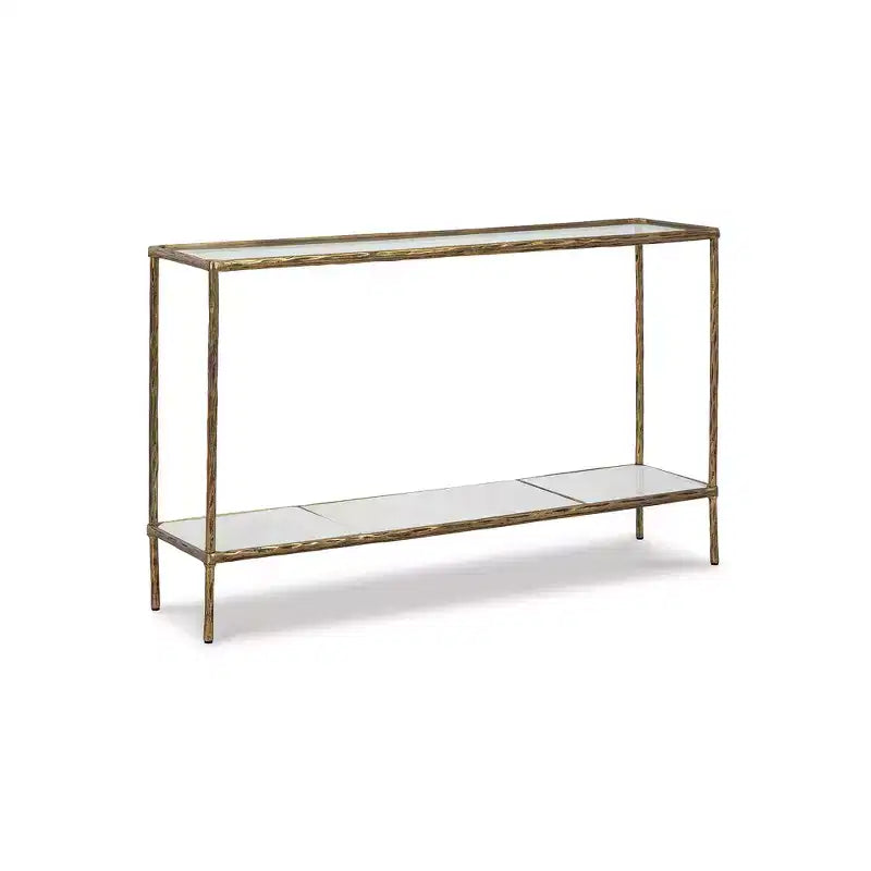 Signature Design by Ashley Ryandale, Tavolo console da divano, Finitura in ottone anticato con ripiano in vetro e ripiano in marmo
