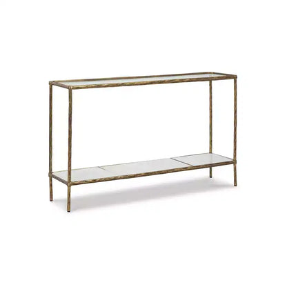 Signature Design by Ashley Ryandale, Tavolo console da divano, Finitura in ottone anticato con ripiano in vetro e ripiano in marmo