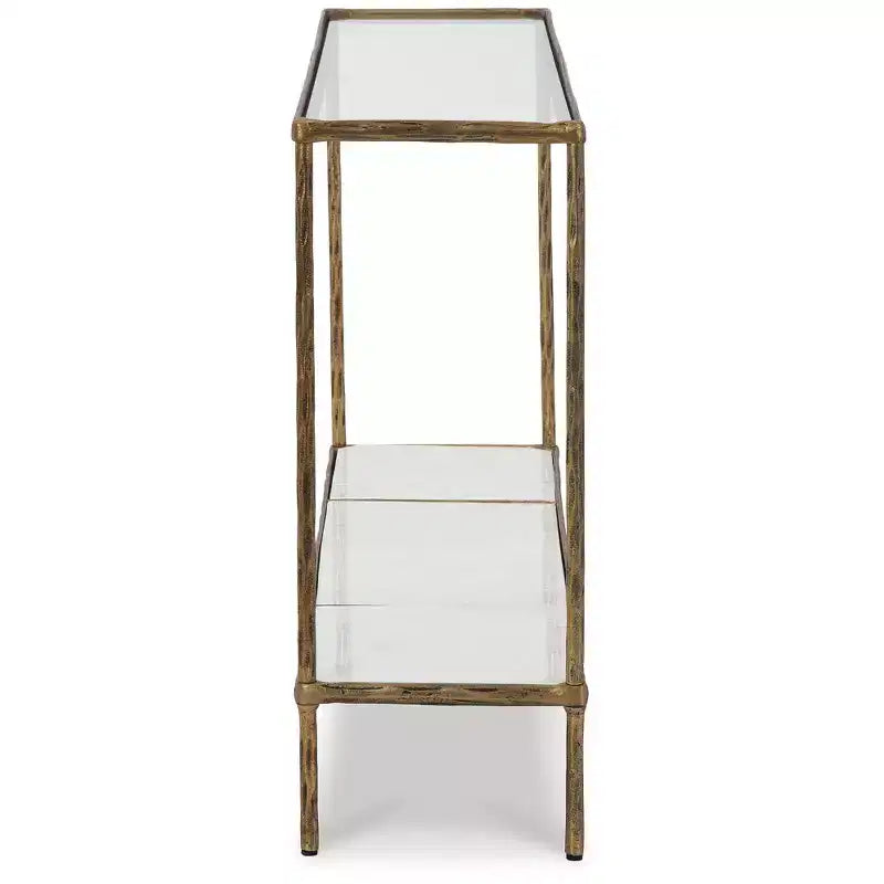 Signature Design by Ashley Ryandale, Tavolo console da divano, Finitura in ottone anticato con ripiano in vetro e ripiano in marmo